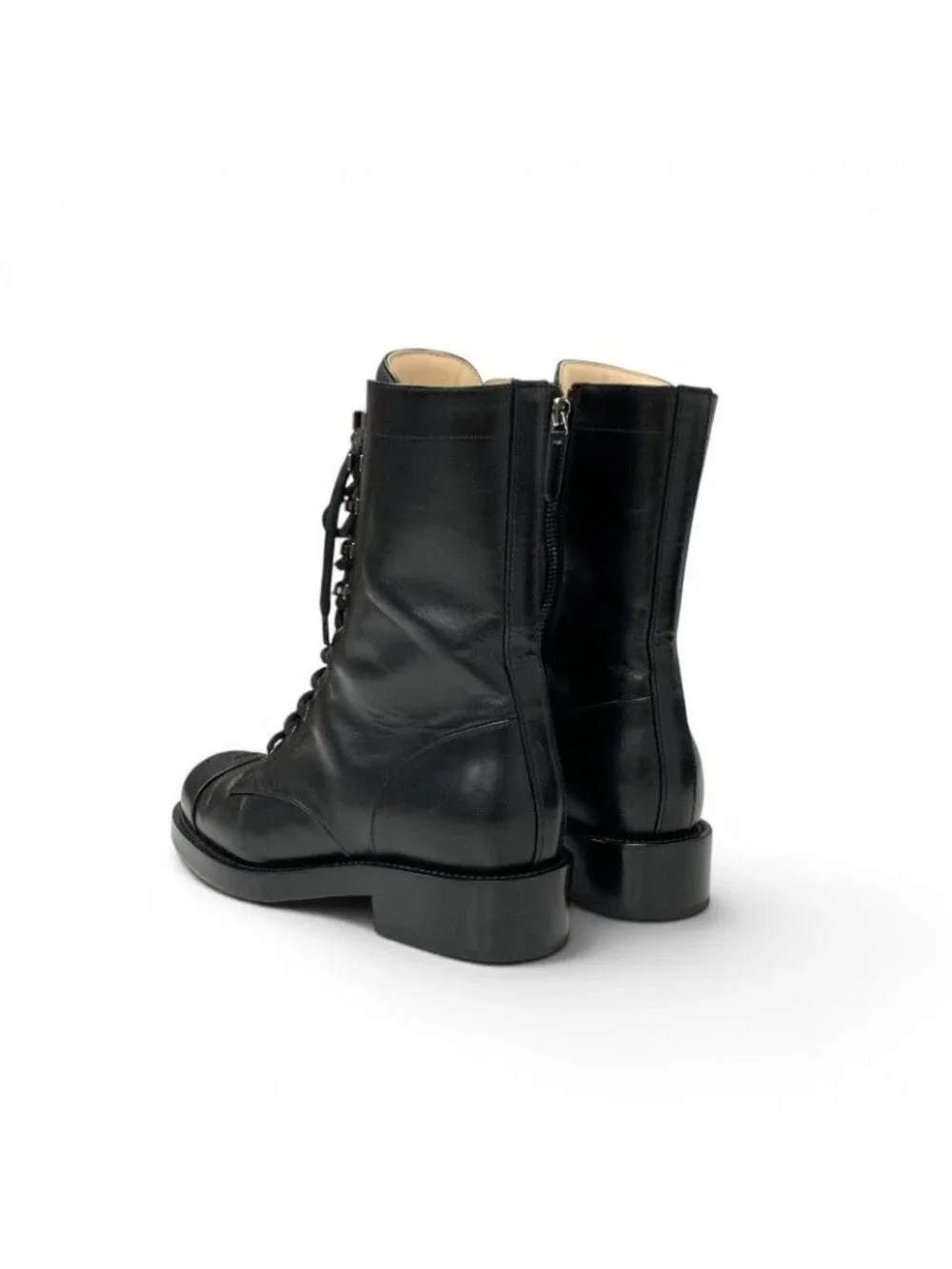 Chanel Boots Short Shoes Leather Black Silver CC Logo Lace